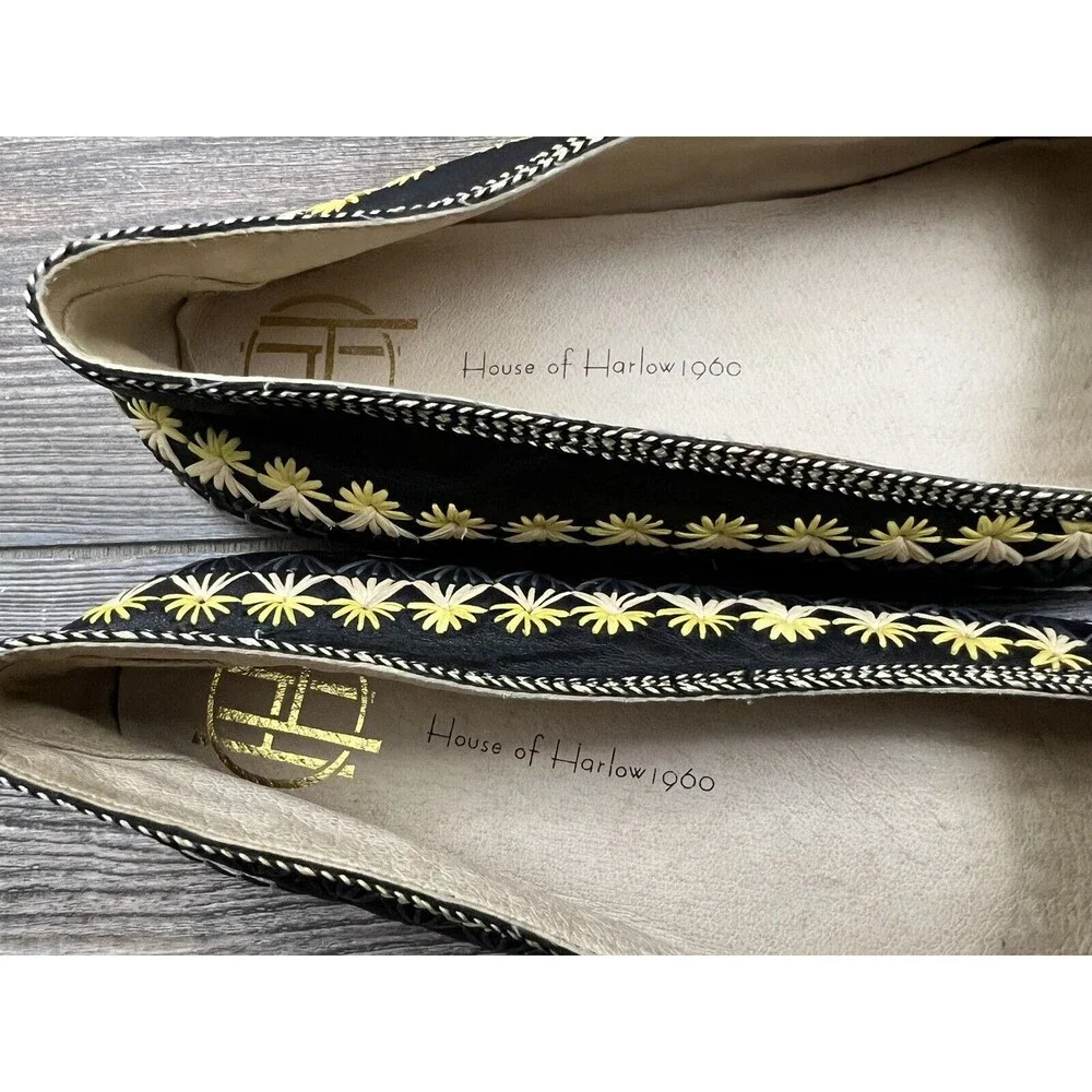 House‎ of Harlow 1960 Shoes Leather Embroidered Espadrille Black Floral US 7.5